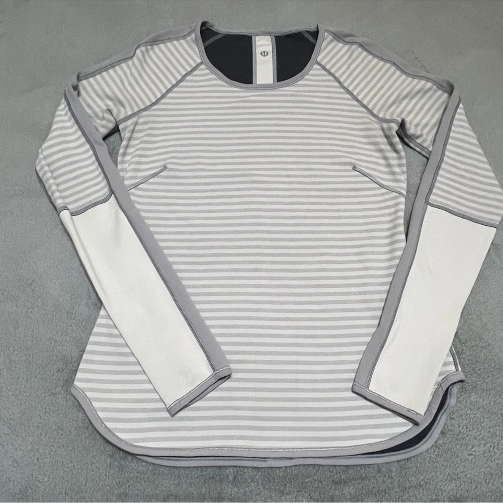 lululemon athletica Gray and White Striped Long Sleeve Top